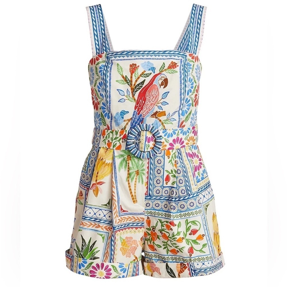 FARM Rio White Multicolor Tropical Parrot Print Belted Romper Shorts